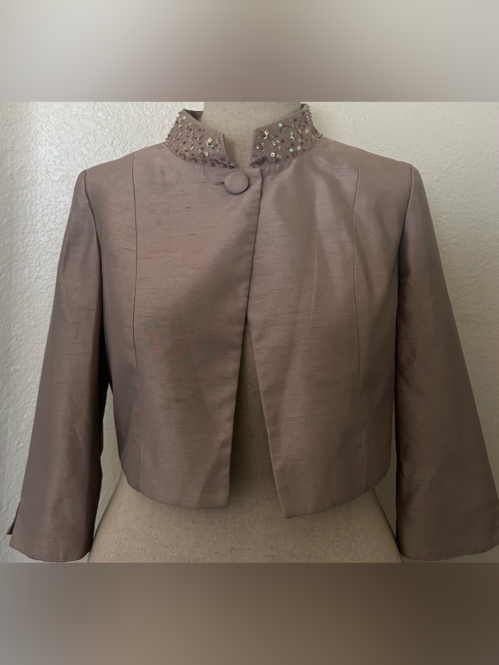 David's Bridal Taupe Cropped Embellished Collar Jacket